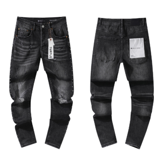 Black Washed Slim Denim Jeans with Studded Trim and Distressing